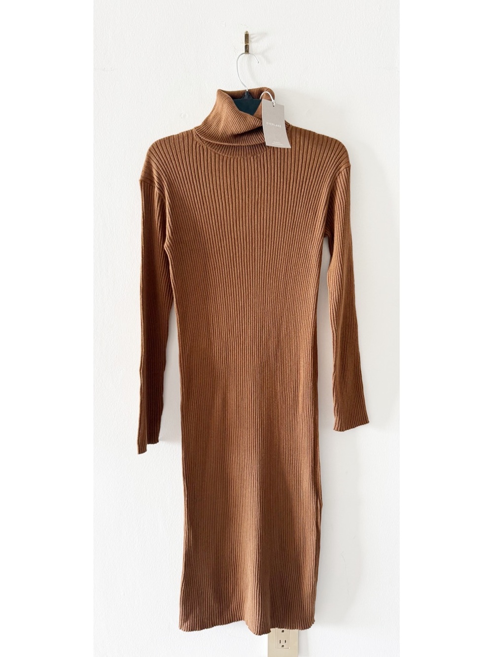 NEW Everlane The Cotton-Merino Wool Ribbed Turtleneck Camel Midi Dress Size XS